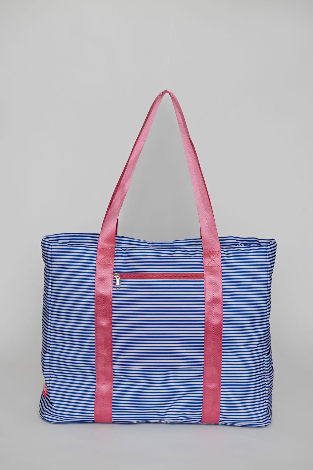 Blue striped carry on tote bag with trolley sleeve